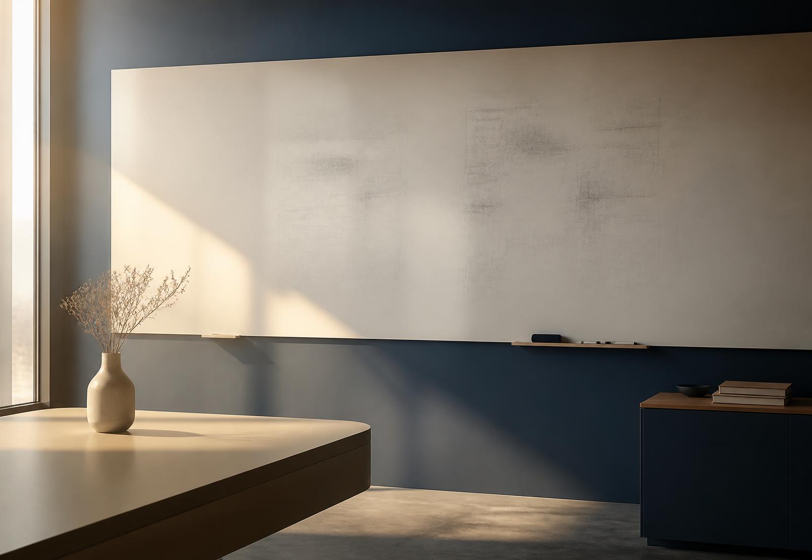 A wide whiteboard wall in a quiet office, morning light across faint erased diagrams